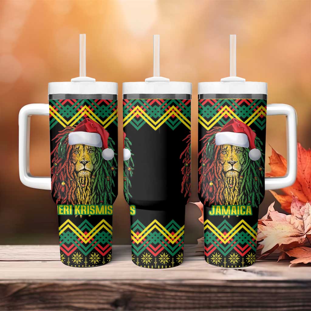 Jamaica Reggae Lion Christmas Tumbler With Handle Kente Pattern Meri Krismiss - Wonder Print Shop