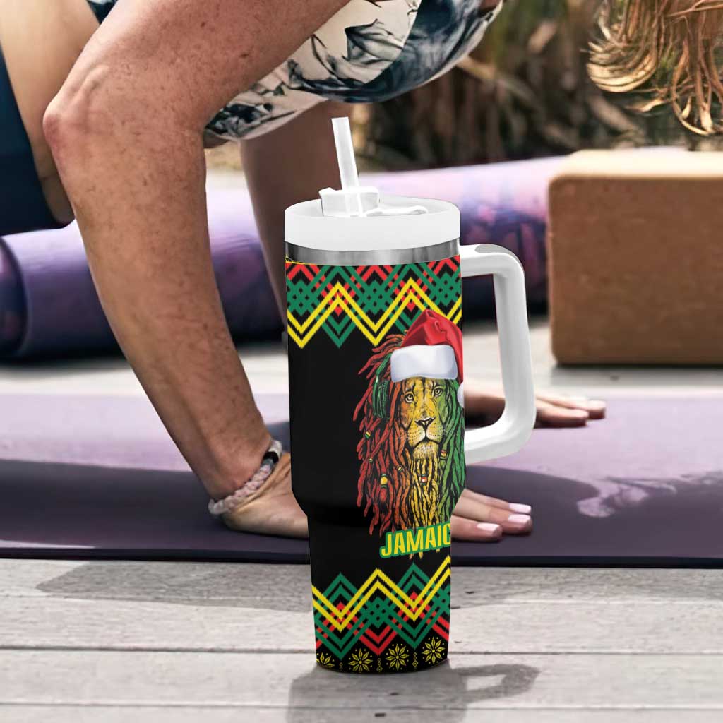 Jamaica Reggae Lion Christmas Tumbler With Handle Kente Pattern Meri Krismiss - Wonder Print Shop