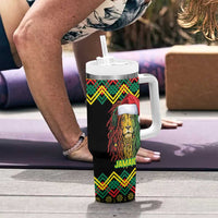 Jamaica Reggae Lion Christmas Tumbler With Handle Kente Pattern Meri Krismiss - Wonder Print Shop