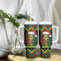 Jamaica Reggae Lion Christmas Tumbler With Handle Kente Pattern Meri Krismiss - Wonder Print Shop