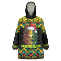 Jamaica Reggae Lion Christmas Wearable Blanket Hoodie Kente Pattern Meri Krismiss - Wonder Print Shop