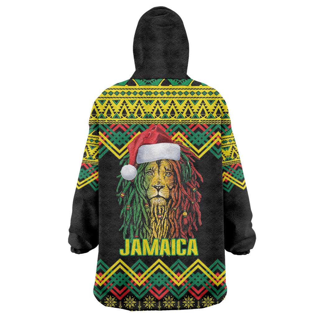 Jamaica Reggae Lion Christmas Wearable Blanket Hoodie Kente Pattern Meri Krismiss - Wonder Print Shop