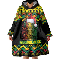 Jamaica Reggae Lion Christmas Wearable Blanket Hoodie Kente Pattern Meri Krismiss - Wonder Print Shop
