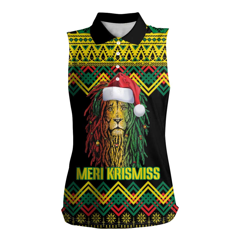 Jamaica Reggae Lion Christmas Women Sleeveless Polo Shirt Kente Pattern Meri Krismiss - Wonder Print Shop