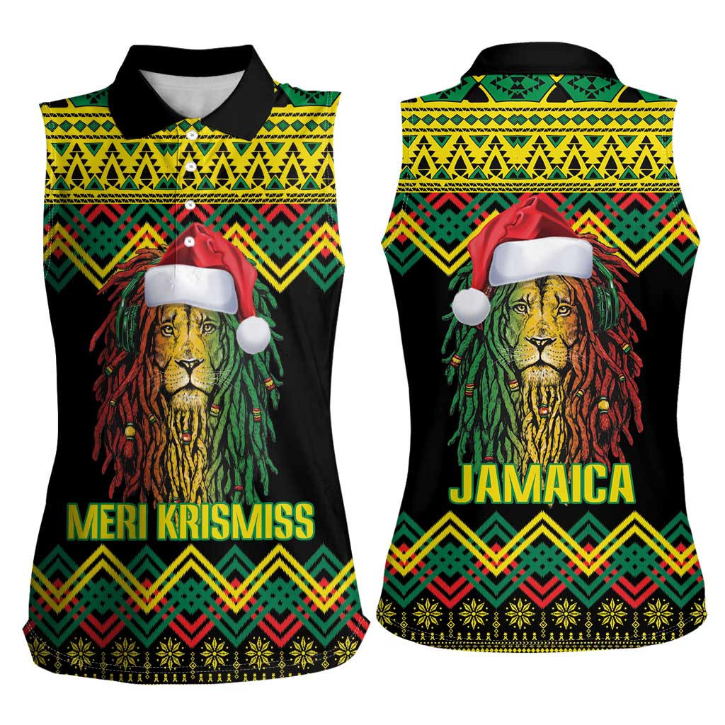 Jamaica Reggae Lion Christmas Women Sleeveless Polo Shirt Kente Pattern Meri Krismiss - Wonder Print Shop