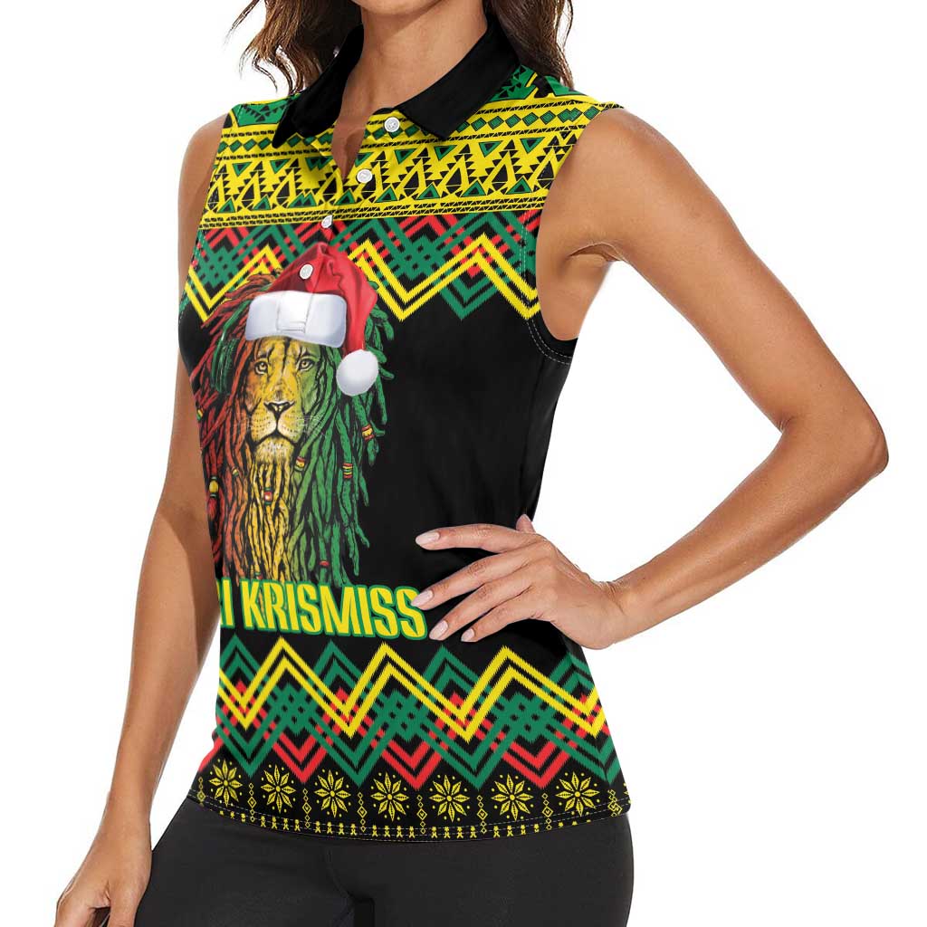 Jamaica Reggae Lion Christmas Women Sleeveless Polo Shirt Kente Pattern Meri Krismiss - Wonder Print Shop