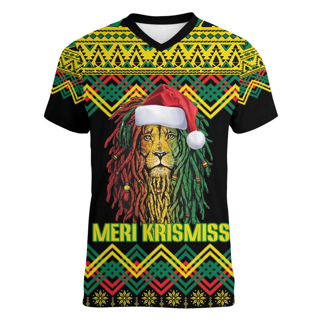 Jamaica Reggae Lion Christmas Women V-Neck T-Shirt Kente Pattern Meri Krismiss - Wonder Print Shop