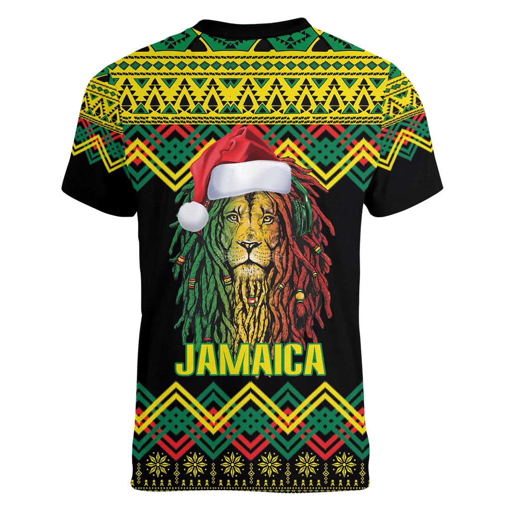 Jamaica Reggae Lion Christmas Women V-Neck T-Shirt Kente Pattern Meri Krismiss - Wonder Print Shop