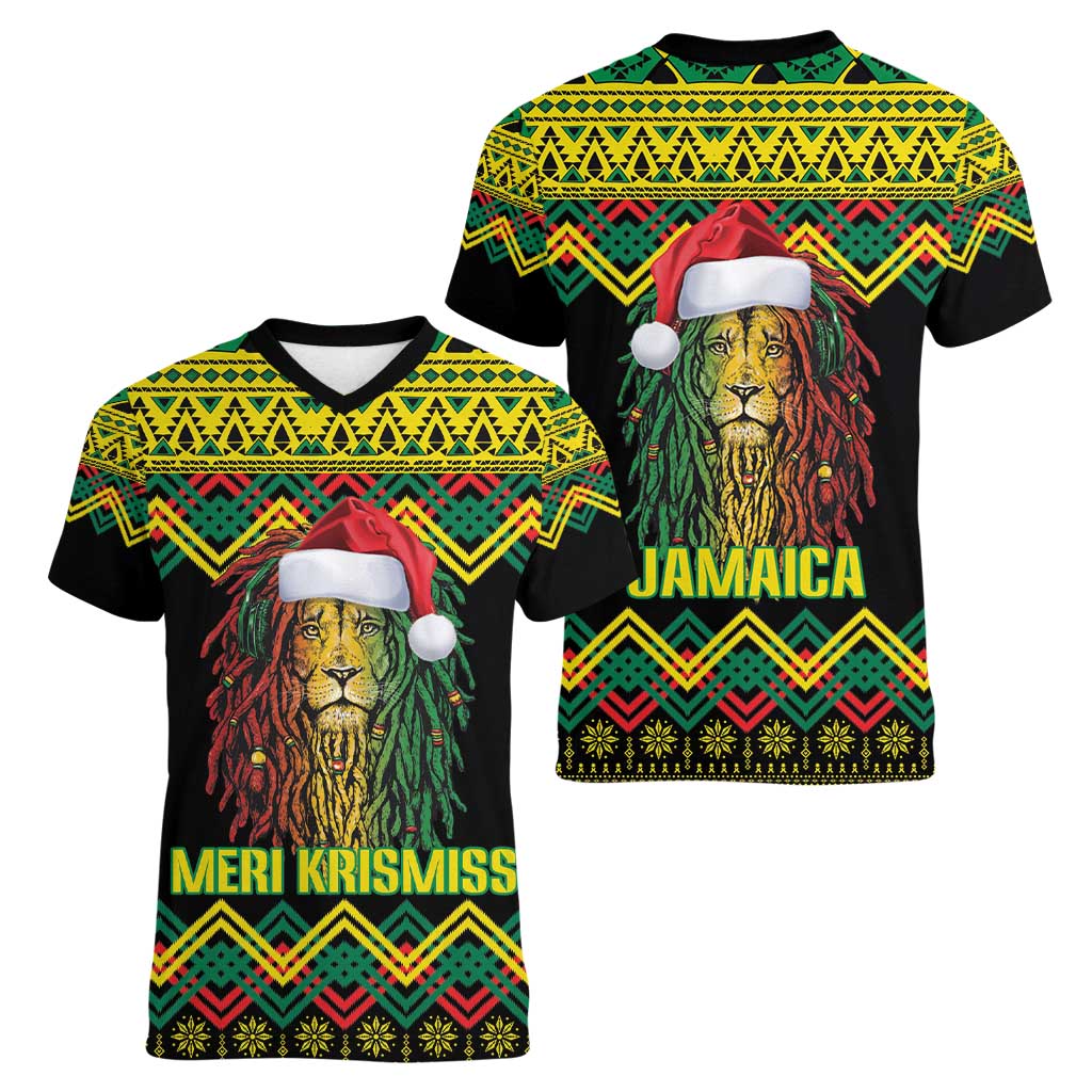 Jamaica Reggae Lion Christmas Women V-Neck T-Shirt Kente Pattern Meri Krismiss - Wonder Print Shop