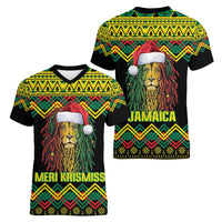 Jamaica Reggae Lion Christmas Women V-Neck T-Shirt Kente Pattern Meri Krismiss - Wonder Print Shop