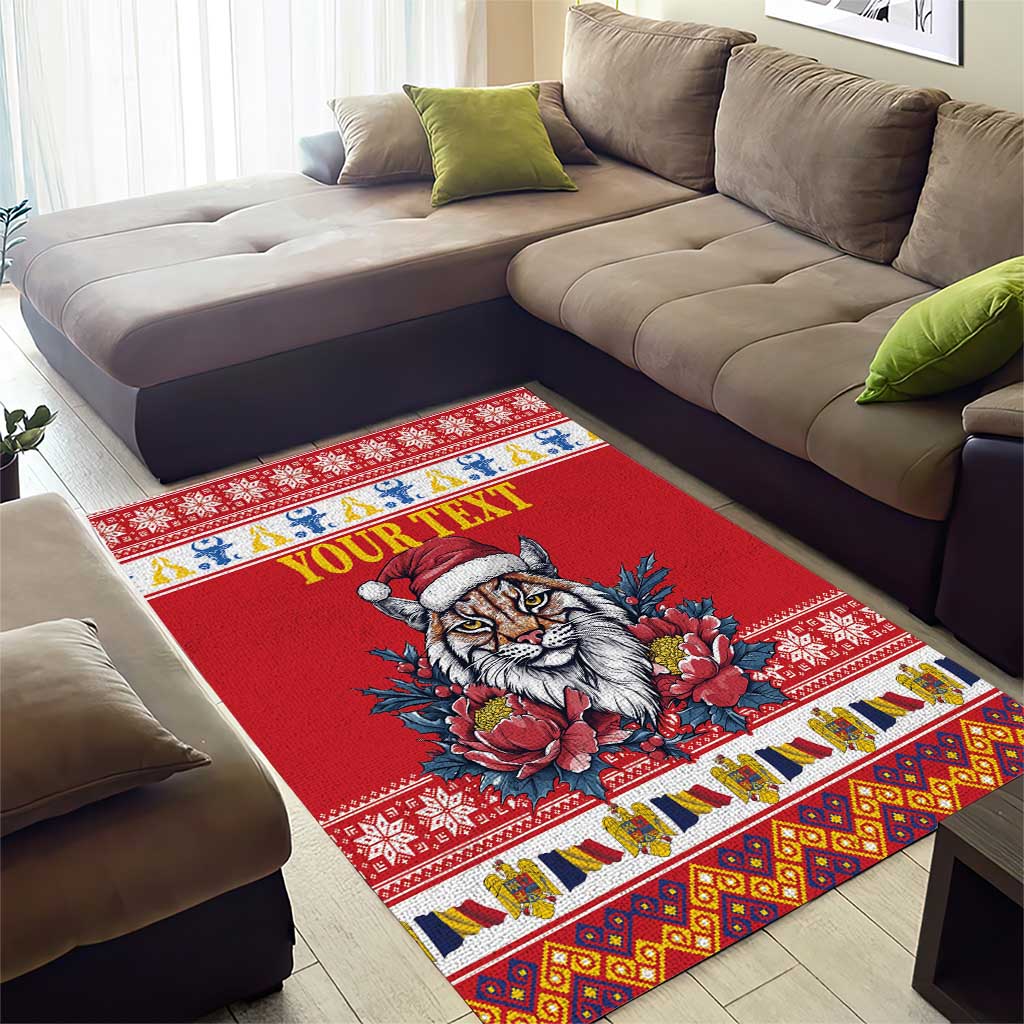 Personalized Romania Christmas Area Rug Eurasian Lynx With Peony Flowers - Wonder Print Shop