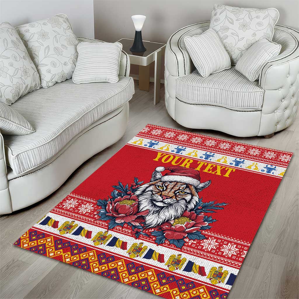 Personalized Romania Christmas Area Rug Eurasian Lynx With Peony Flowers - Wonder Print Shop