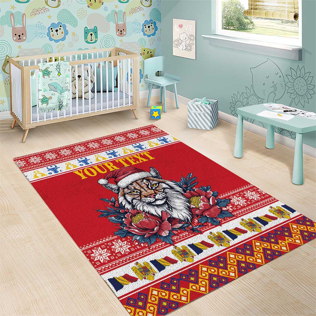 Personalized Romania Christmas Area Rug Eurasian Lynx With Peony Flowers - Wonder Print Shop