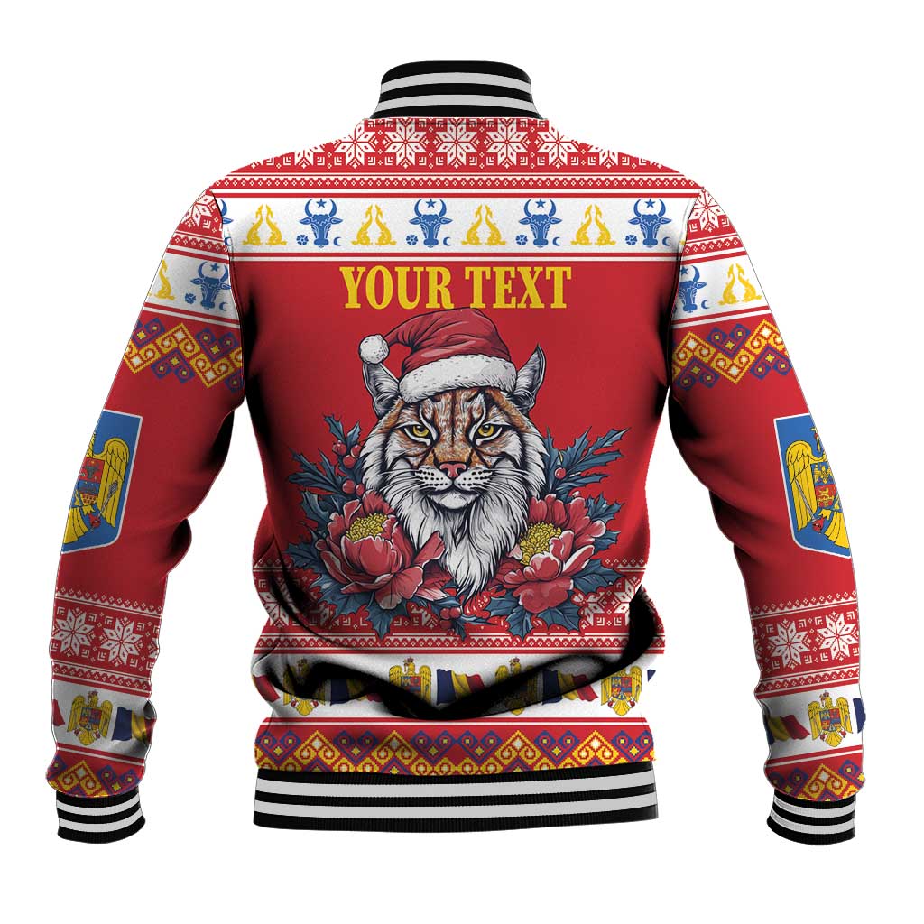 Personalized Romania Christmas Baseball Jacket Eurasian Lynx With Peony Flowers - Wonder Print Shop