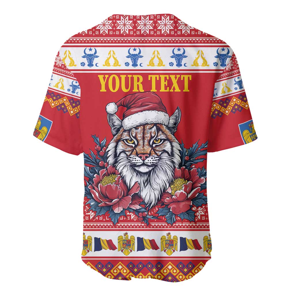 Personalized Romania Christmas Baseball Jersey Eurasian Lynx With Peony Flowers - Wonder Print Shop