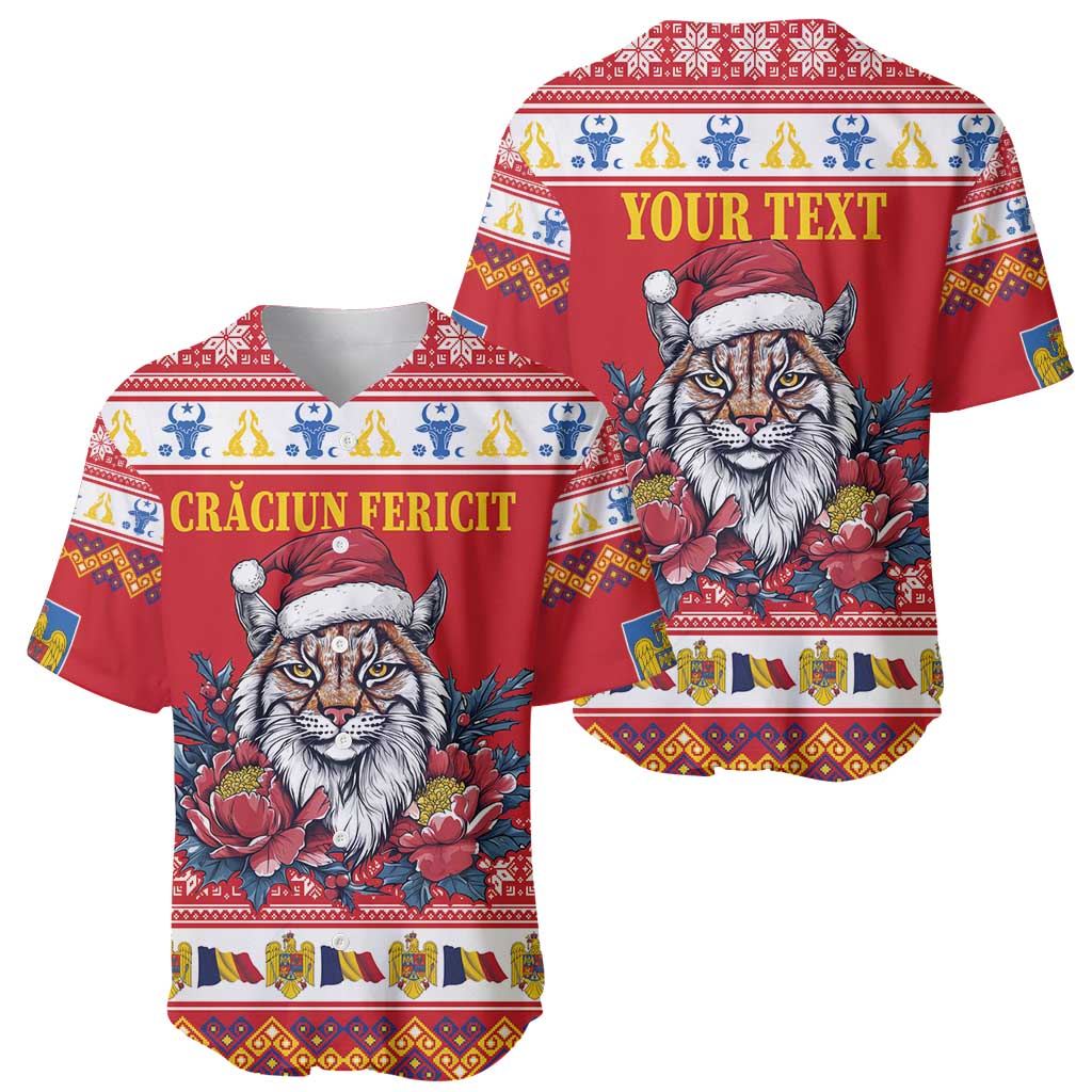 Personalized Romania Christmas Baseball Jersey Eurasian Lynx With Peony Flowers - Wonder Print Shop