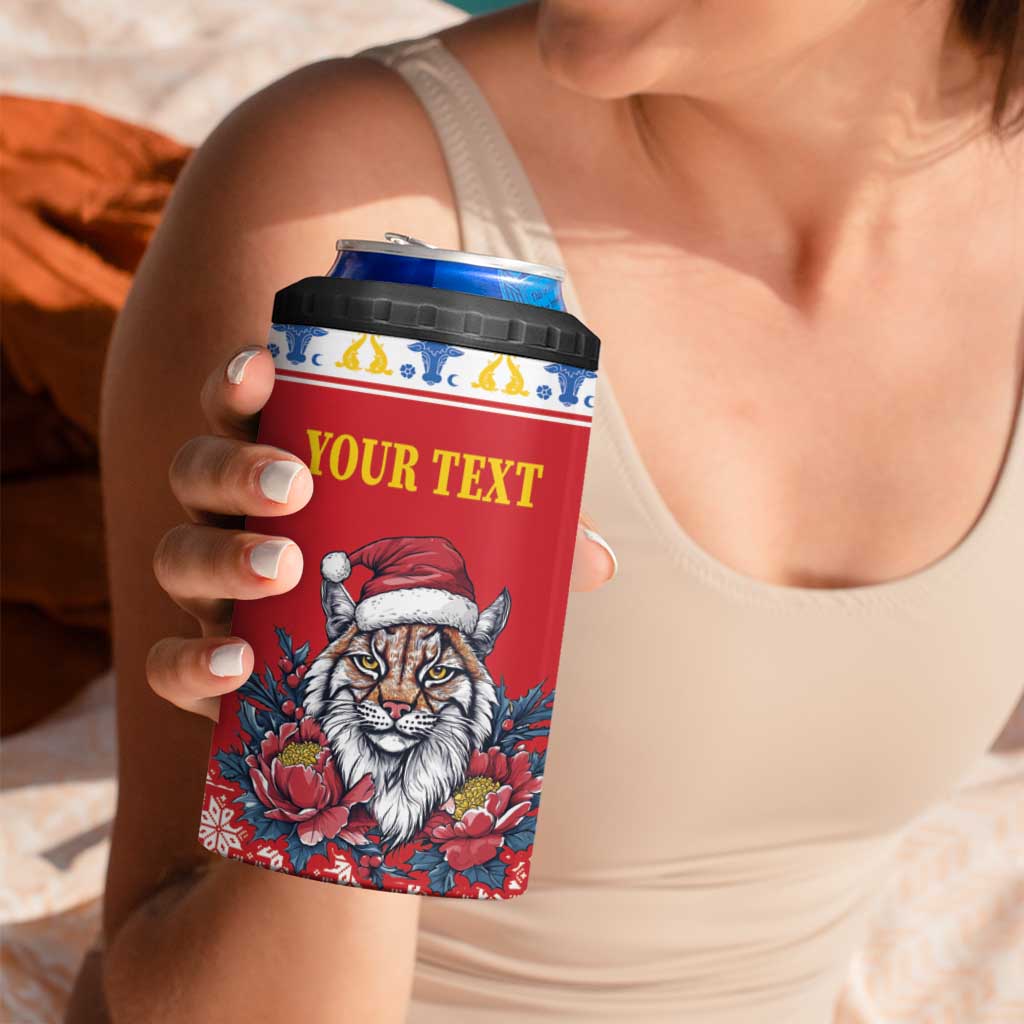 Personalized Romania Christmas 4 in 1 Can Cooler Tumbler Eurasian Lynx With Peony Flowers - Wonder Print Shop