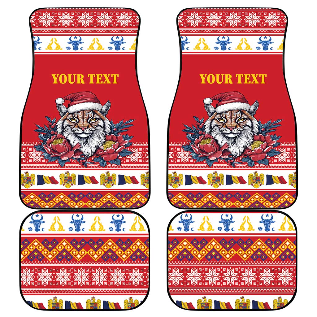 Personalized Romania Christmas Car Mats Eurasian Lynx With Peony Flowers - Wonder Print Shop