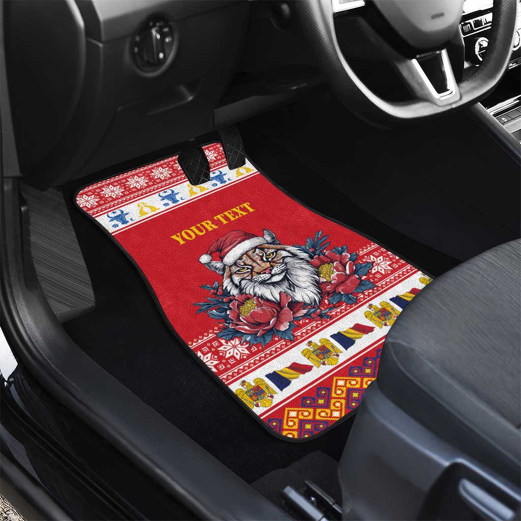 Personalized Romania Christmas Car Mats Eurasian Lynx With Peony Flowers - Wonder Print Shop