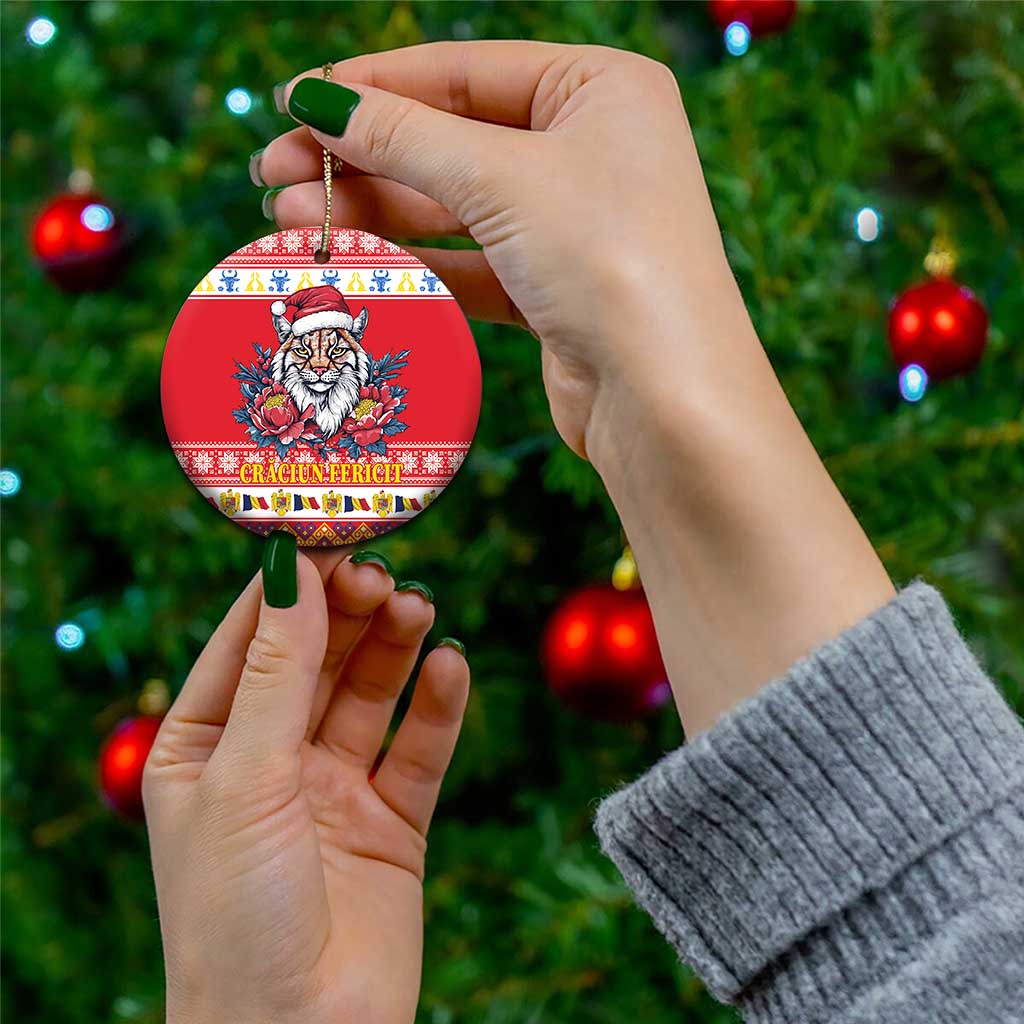 Personalized Romania Christmas Ceramic Ornament Eurasian Lynx With Peony Flowers - Wonder Print Shop