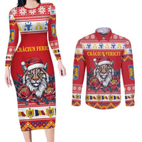 Personalized Romania Christmas Couples Matching Long Sleeve Bodycon Dress and Long Sleeve Button Shirt Eurasian Lynx With Peony Flowers - Wonder Print Shop