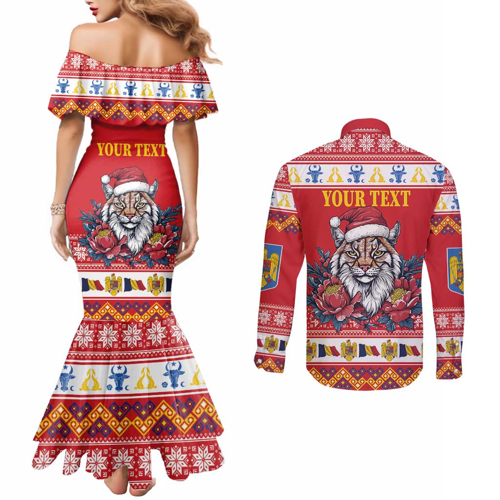 Personalized Romania Christmas Couples Matching Mermaid Dress and Long Sleeve Button Shirt Eurasian Lynx With Peony Flowers