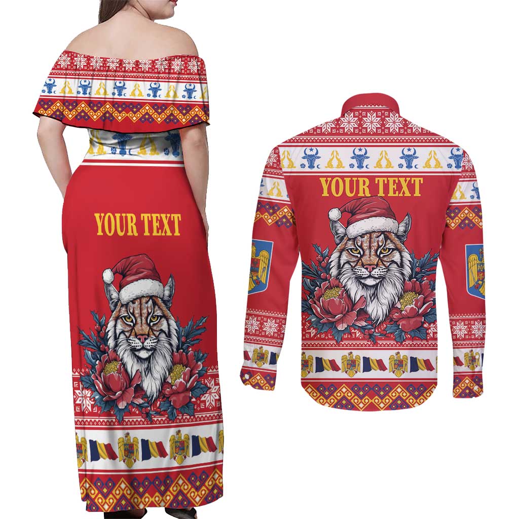 Personalized Romania Christmas Couples Matching Off Shoulder Maxi Dress and Long Sleeve Button Shirt Eurasian Lynx With Peony Flowers - Wonder Print Shop