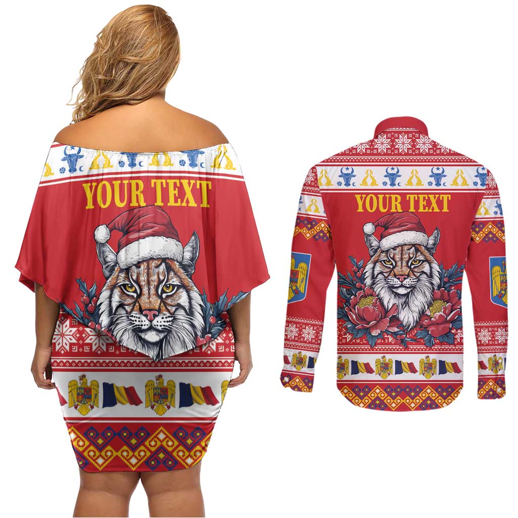Personalized Romania Christmas Couples Matching Off Shoulder Short Dress and Long Sleeve Button Shirt Eurasian Lynx With Peony Flowers - Wonder Print Shop