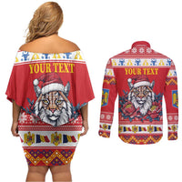 Personalized Romania Christmas Couples Matching Off Shoulder Short Dress and Long Sleeve Button Shirt Eurasian Lynx With Peony Flowers - Wonder Print Shop