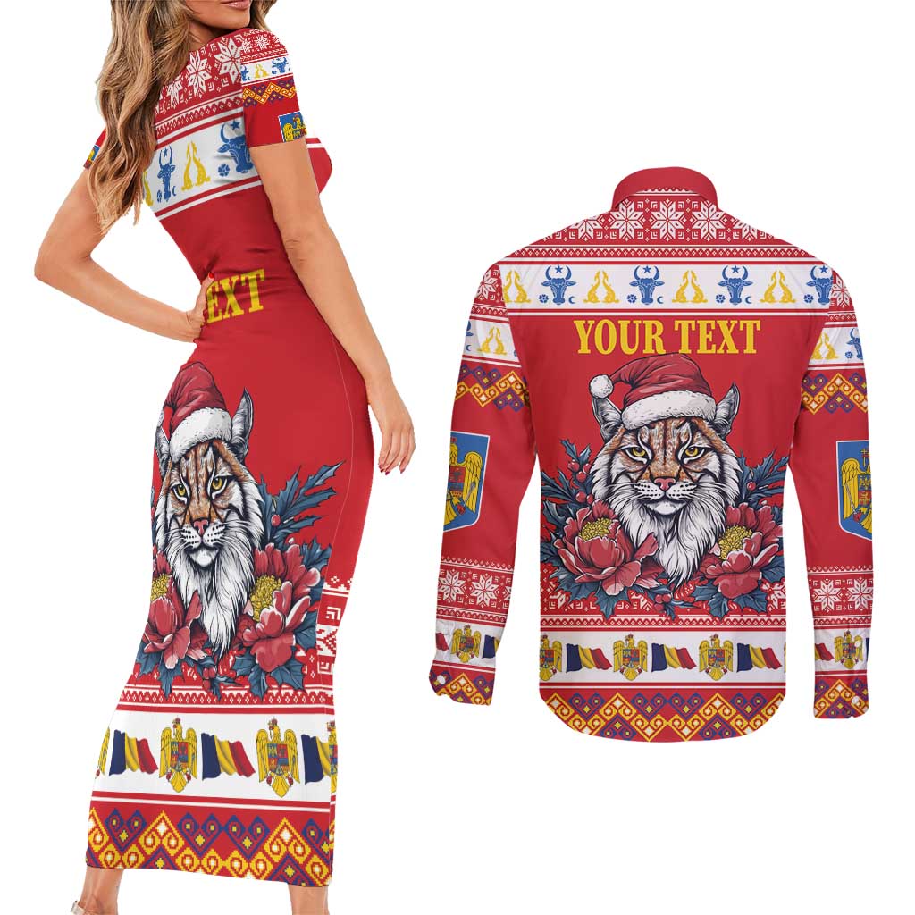 Personalized Romania Christmas Couples Matching Short Sleeve Bodycon Dress and Long Sleeve Button Shirt Eurasian Lynx With Peony Flowers - Wonder Print Shop