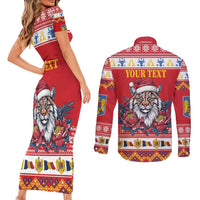 Personalized Romania Christmas Couples Matching Short Sleeve Bodycon Dress and Long Sleeve Button Shirt Eurasian Lynx With Peony Flowers - Wonder Print Shop