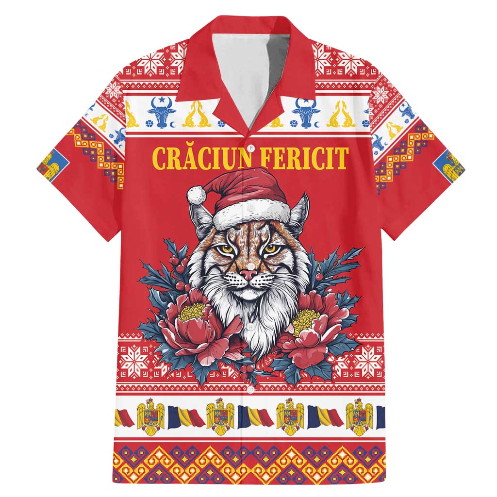 Personalized Romania Christmas Family Matching Mermaid Dress and Hawaiian Shirt Eurasian Lynx With Peony Flowers - Wonder Print Shop