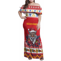 Personalized Romania Christmas Family Matching Off Shoulder Maxi Dress and Hawaiian Shirt Eurasian Lynx With Peony Flowers - Wonder Print Shop