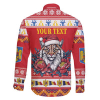 Personalized Romania Christmas Family Matching Short Sleeve Bodycon Dress and Hawaiian Shirt Eurasian Lynx With Peony Flowers - Wonder Print Shop