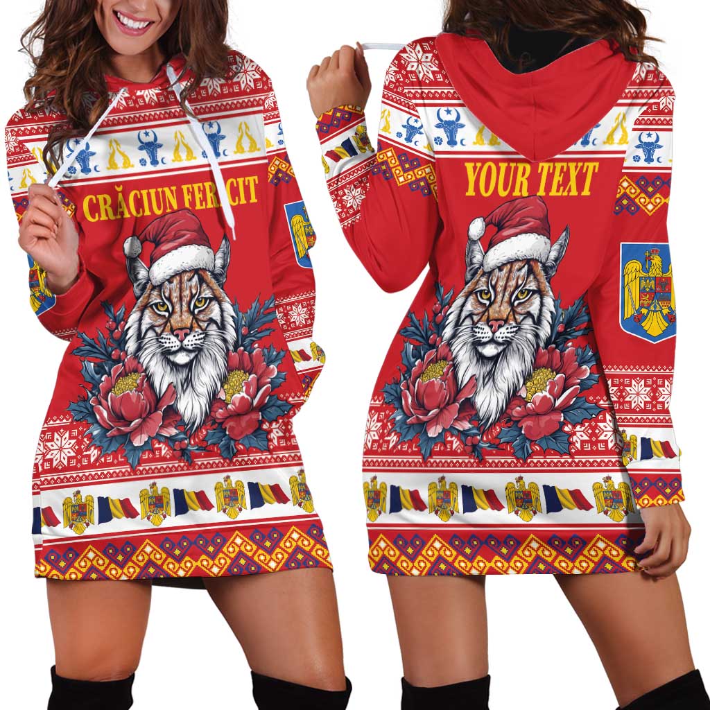 Personalized Romania Christmas Hoodie Dress Eurasian Lynx With Peony Flowers - Wonder Print Shop