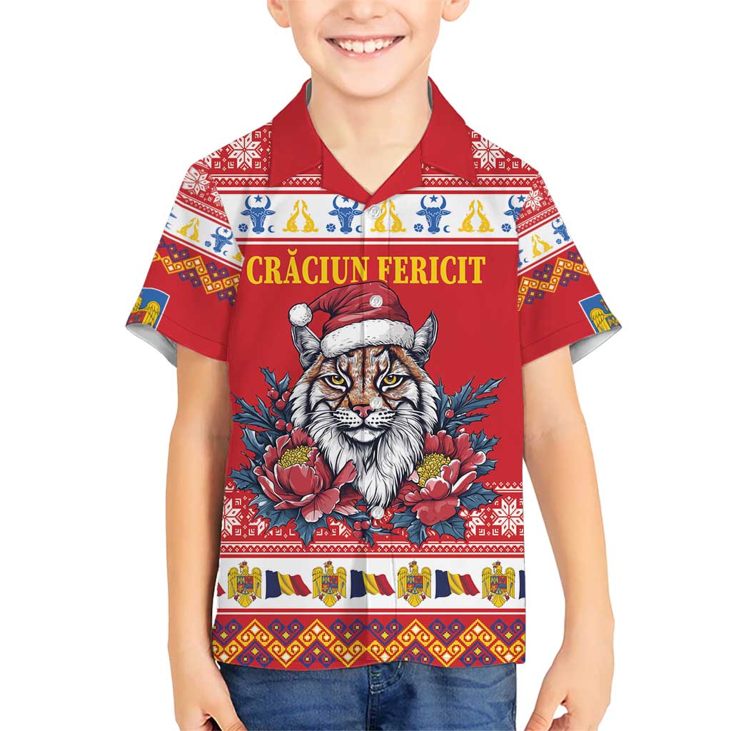 Personalized Romania Christmas Kid Hawaiian Shirt Eurasian Lynx With Peony Flowers - Wonder Print Shop