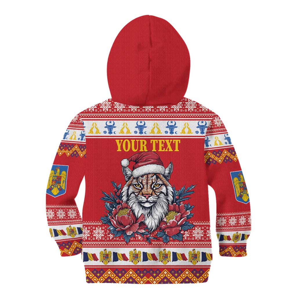 Personalized Romania Christmas Kid Hoodie Eurasian Lynx With Peony Flowers - Wonder Print Shop