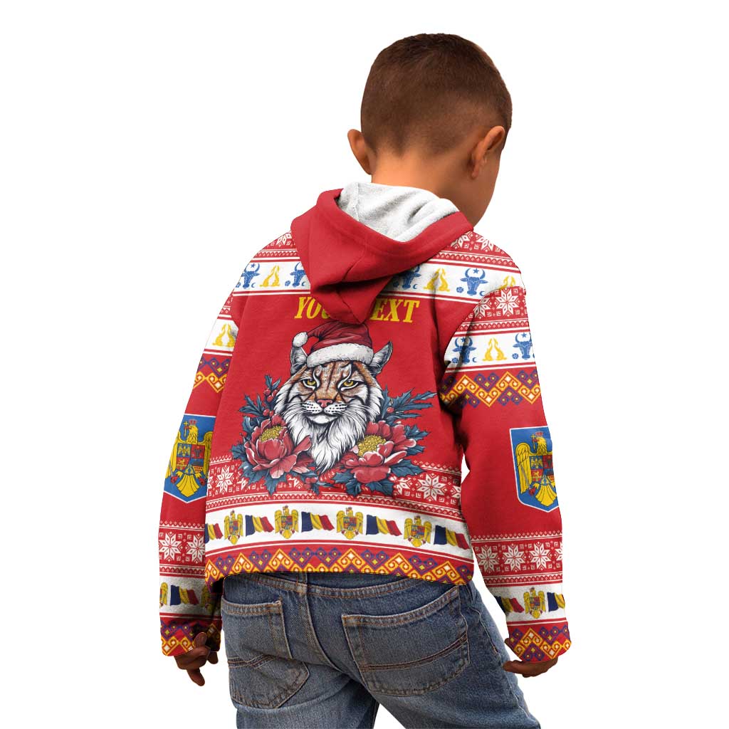 Personalized Romania Christmas Kid Hoodie Eurasian Lynx With Peony Flowers - Wonder Print Shop