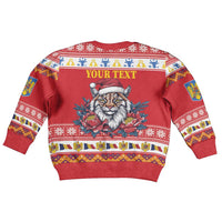 Personalized Romania Christmas Kid Ugly Christmas Sweater Eurasian Lynx With Peony Flowers - Wonder Print Shop