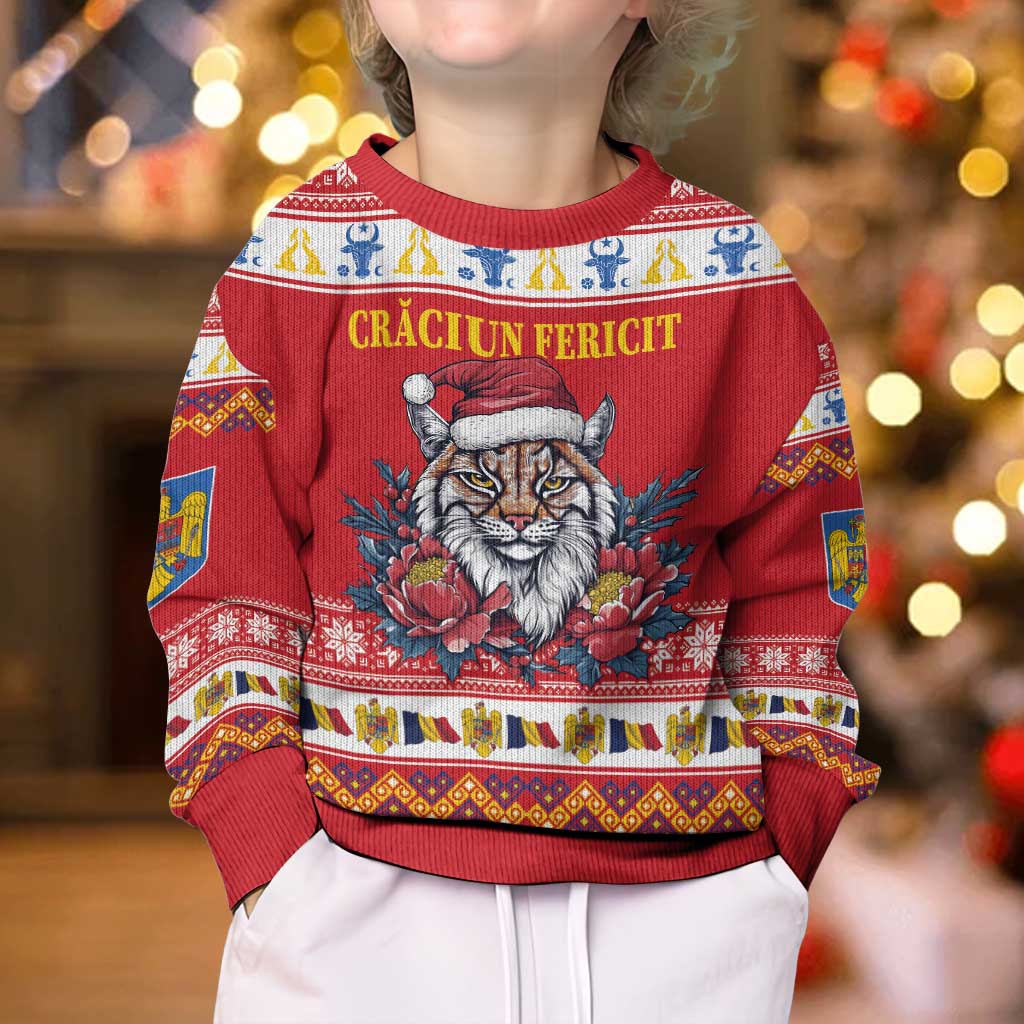 Personalized Romania Christmas Kid Ugly Christmas Sweater Eurasian Lynx With Peony Flowers - Wonder Print Shop