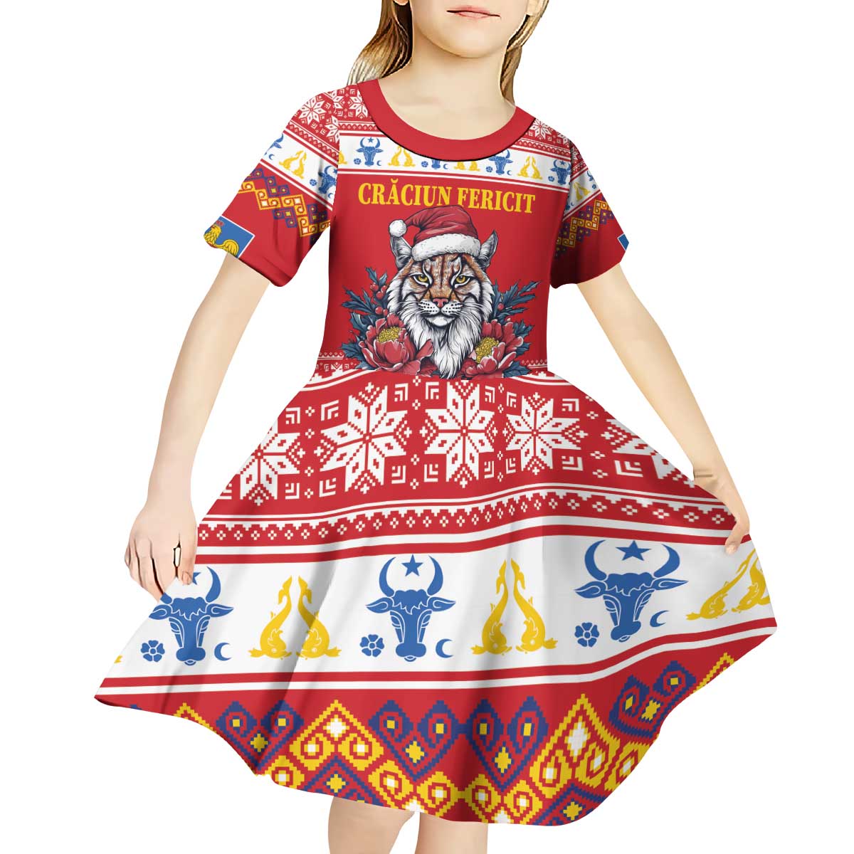 Personalized Romania Christmas Kid Short Sleeve Dress Eurasian Lynx With Peony Flowers - Wonder Print Shop