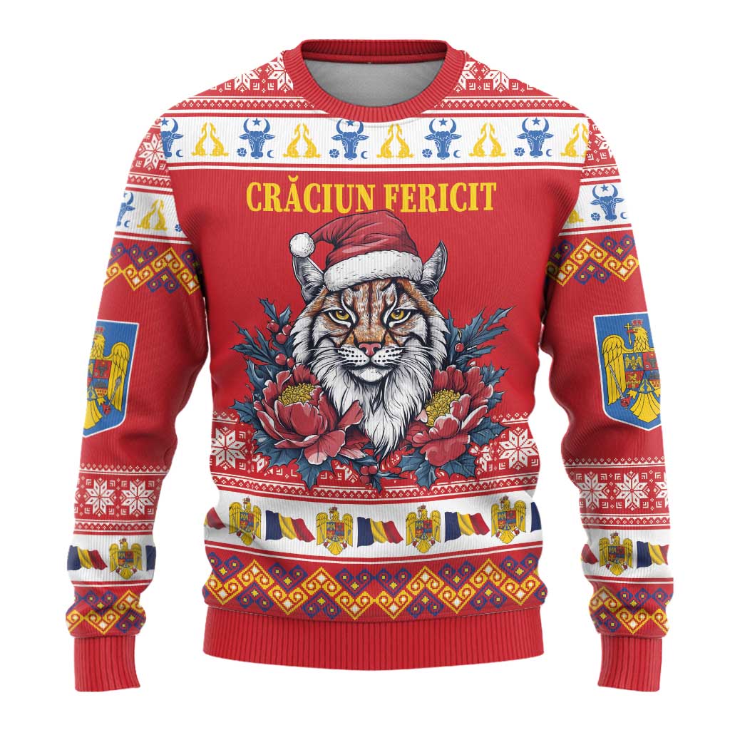 Personalized Romania Christmas Ugly Christmas Sweater Eurasian Lynx With Peony Flowers - Wonder Print Shop