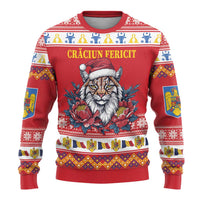 Personalized Romania Christmas Ugly Christmas Sweater Eurasian Lynx With Peony Flowers - Wonder Print Shop