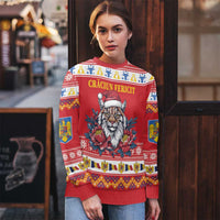 Personalized Romania Christmas Ugly Christmas Sweater Eurasian Lynx With Peony Flowers - Wonder Print Shop