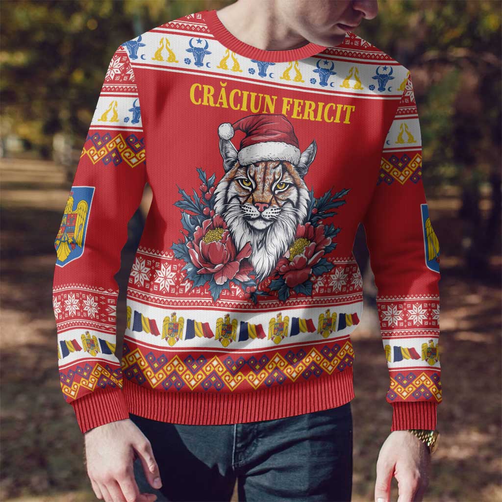 Personalized Romania Christmas Ugly Christmas Sweater Eurasian Lynx With Peony Flowers - Wonder Print Shop