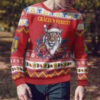 Personalized Romania Christmas Ugly Christmas Sweater Eurasian Lynx With Peony Flowers - Wonder Print Shop