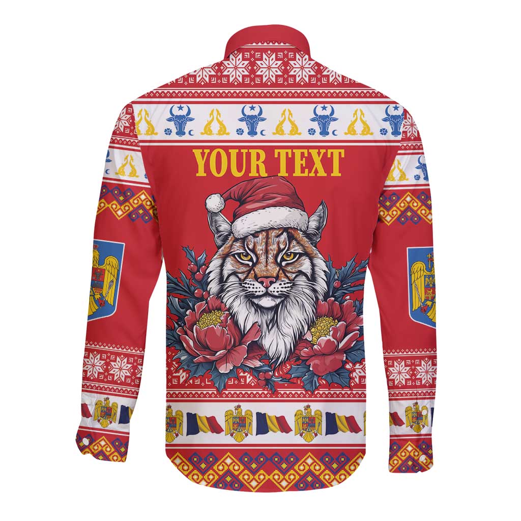 Personalized Romania Christmas Long Sleeve Button Shirt Eurasian Lynx With Peony Flowers - Wonder Print Shop