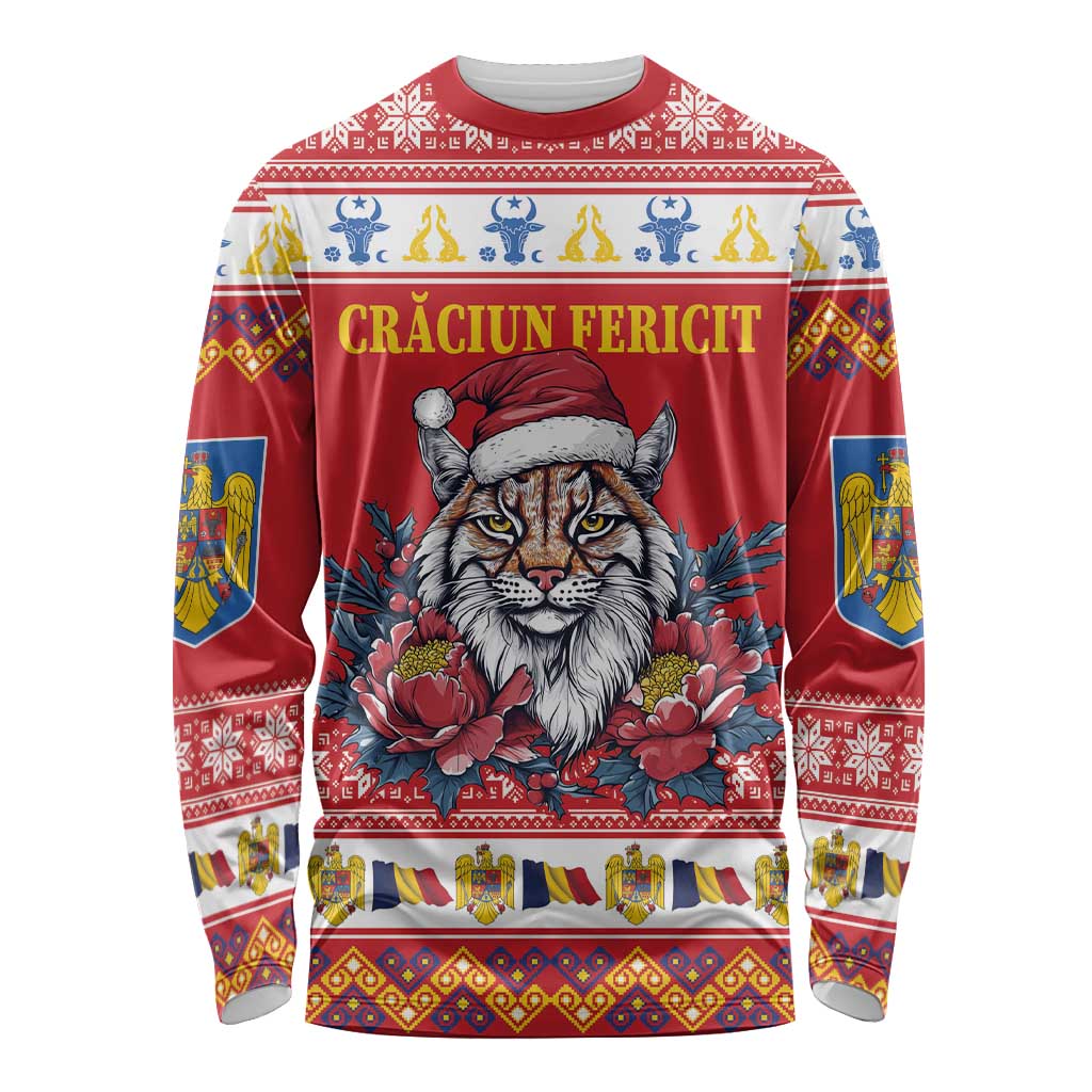 Personalized Romania Christmas Long Sleeve Shirt Eurasian Lynx With Peony Flowers - Wonder Print Shop