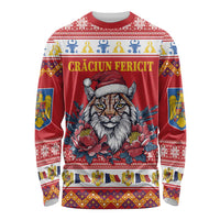 Personalized Romania Christmas Long Sleeve Shirt Eurasian Lynx With Peony Flowers - Wonder Print Shop