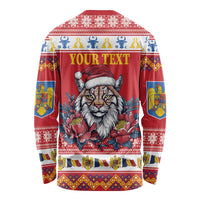 Personalized Romania Christmas Long Sleeve Shirt Eurasian Lynx With Peony Flowers - Wonder Print Shop